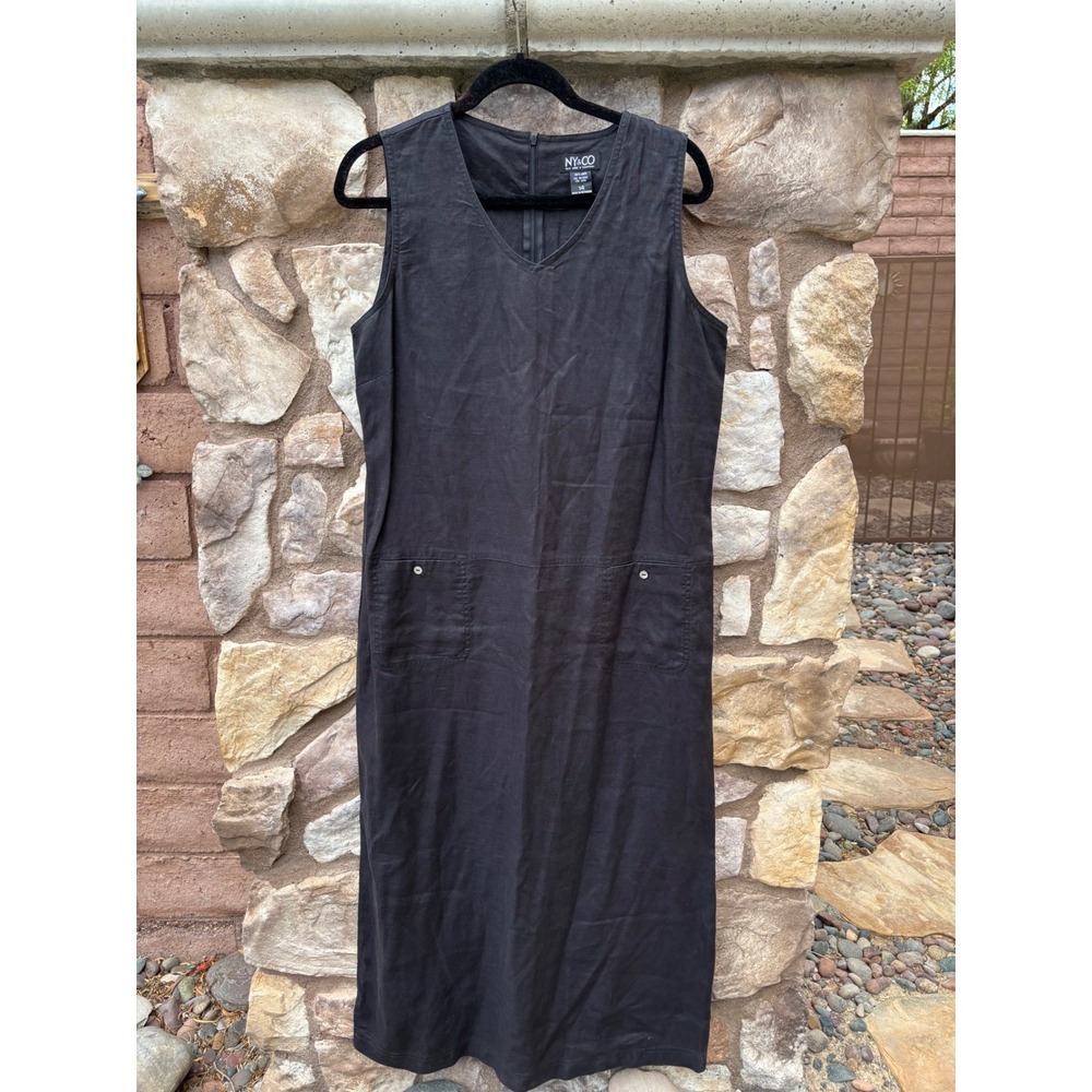 NY&CO Linen Maxi Dress Black V-neck Sleeveless Size 14 Boho Minimalist